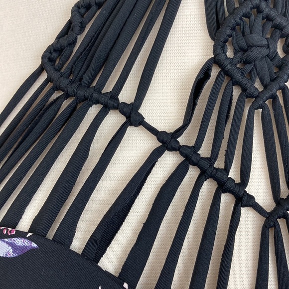 Macrame  Black Floral Halter Tie Tankini Top - Picture 3 of 11